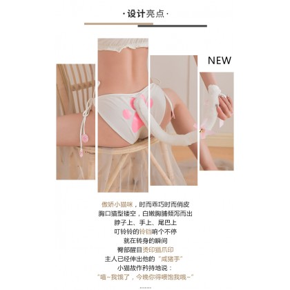 F7950/黑&白/俏皮可爱猫咪套装/短上衣-绑带内裤