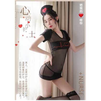 F7984/黑&白/心电图护士套装/发箍-护士裙-T裤